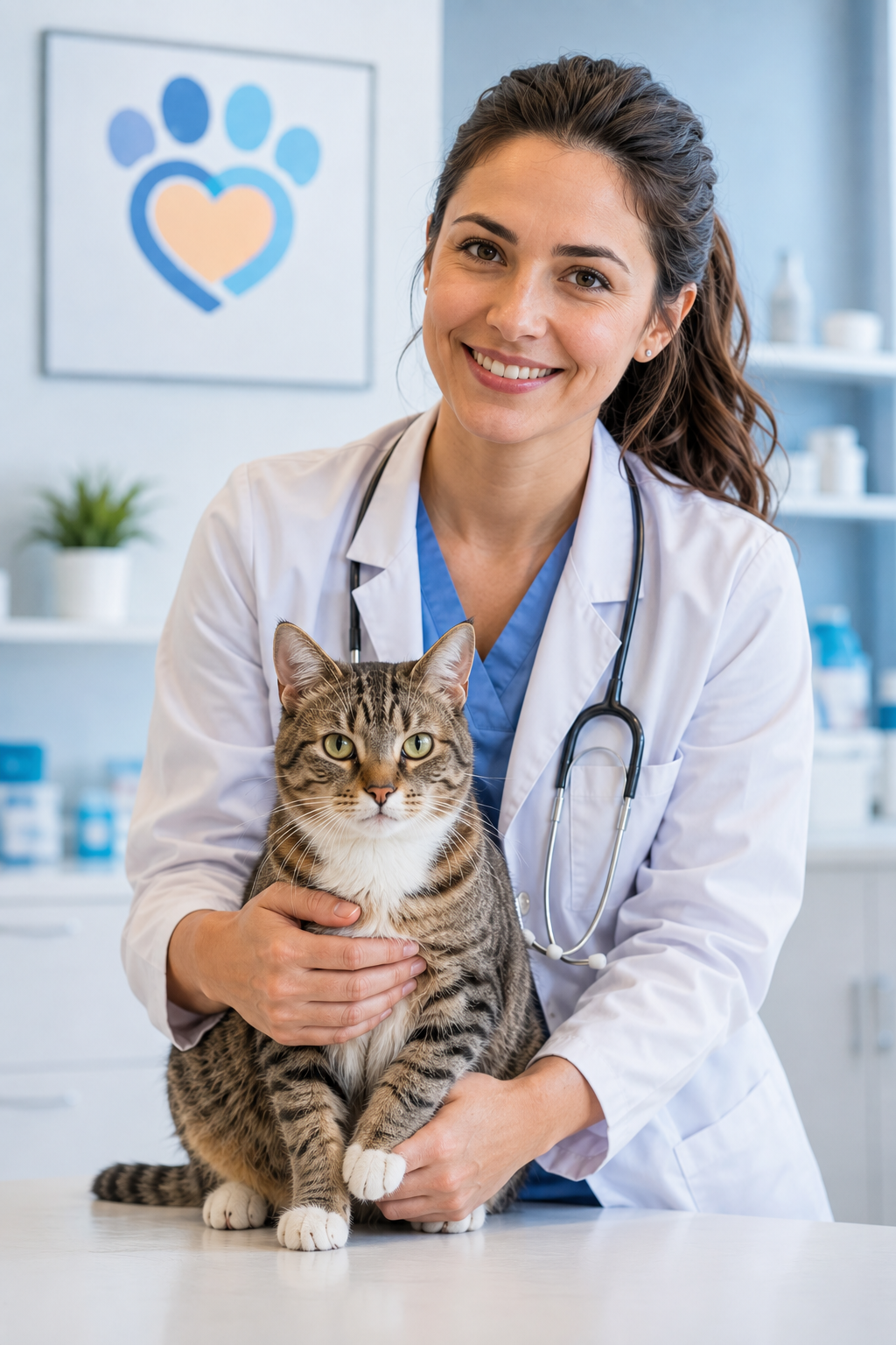 Dra. Camila Rocha com um gato durante atendimento veterinário