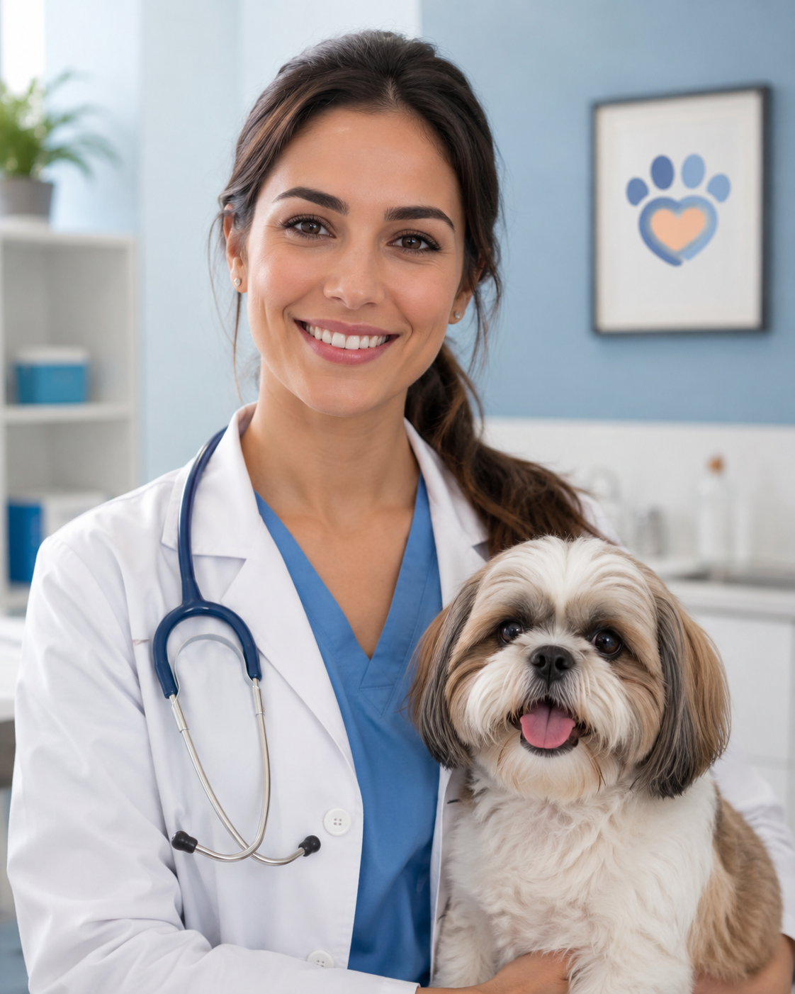 Dra. Marina Alves com um cachorro durante atendimento veterinário
