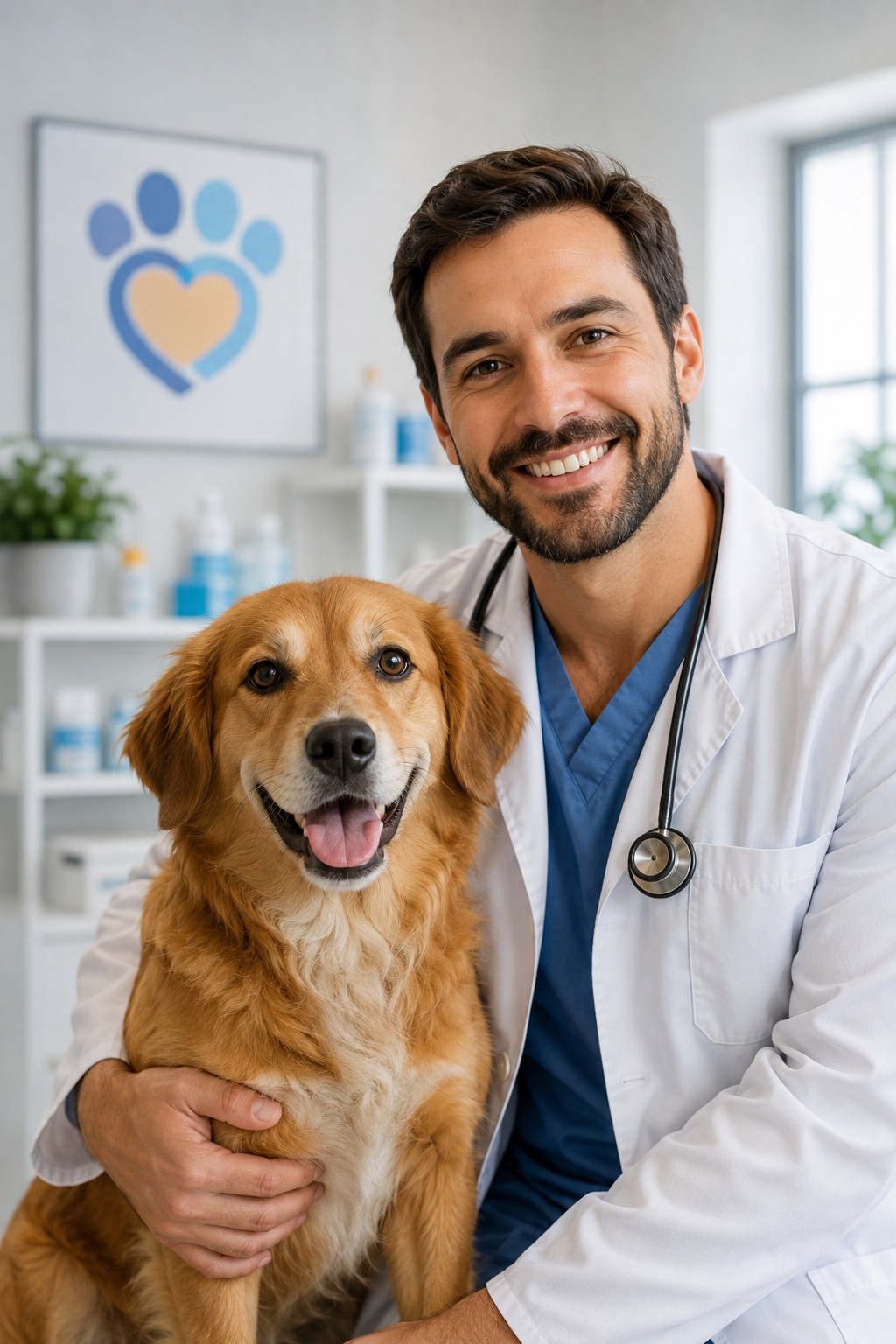 Dr. Rafael Martins com um cachorro na clínica veterinária