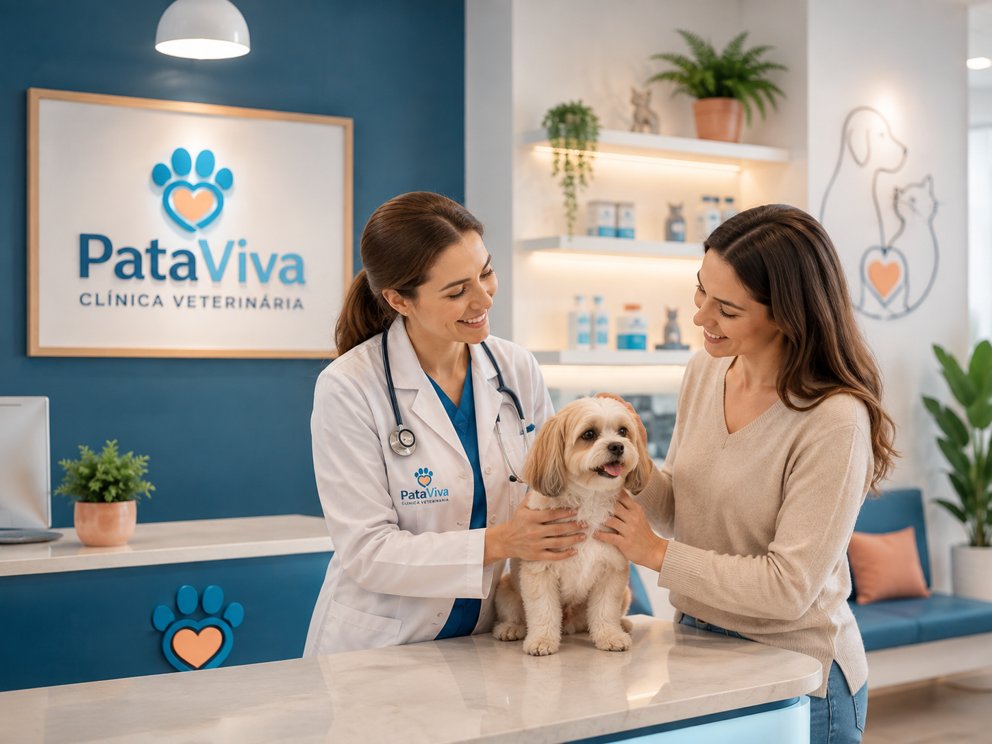Veterinária recebendo uma tutora e seu pet na clínica