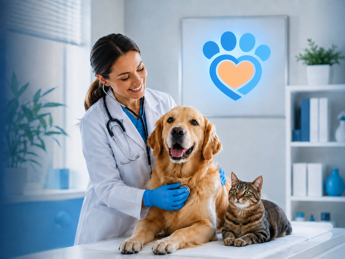 Veterinária cuidando de um cachorro e um gato