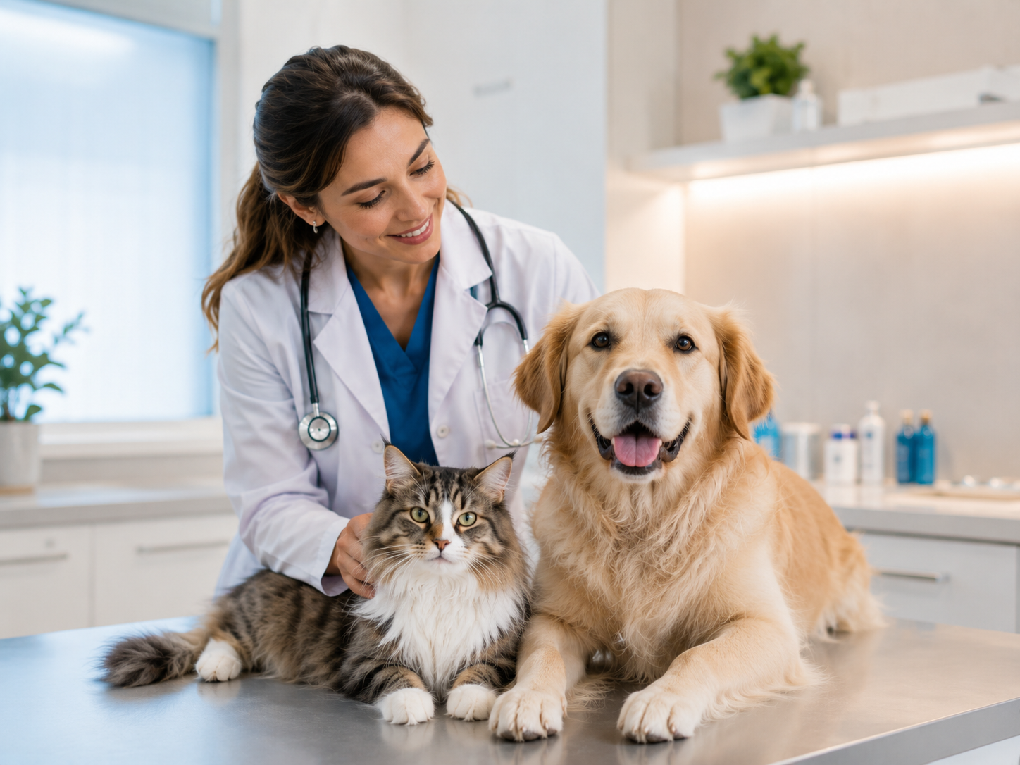 Veterinária atendendo um cachorro e um gato na clínica