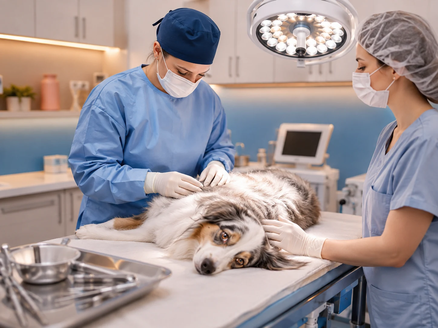 Equipe veterinária realizando procedimento cirúrgico com segurança