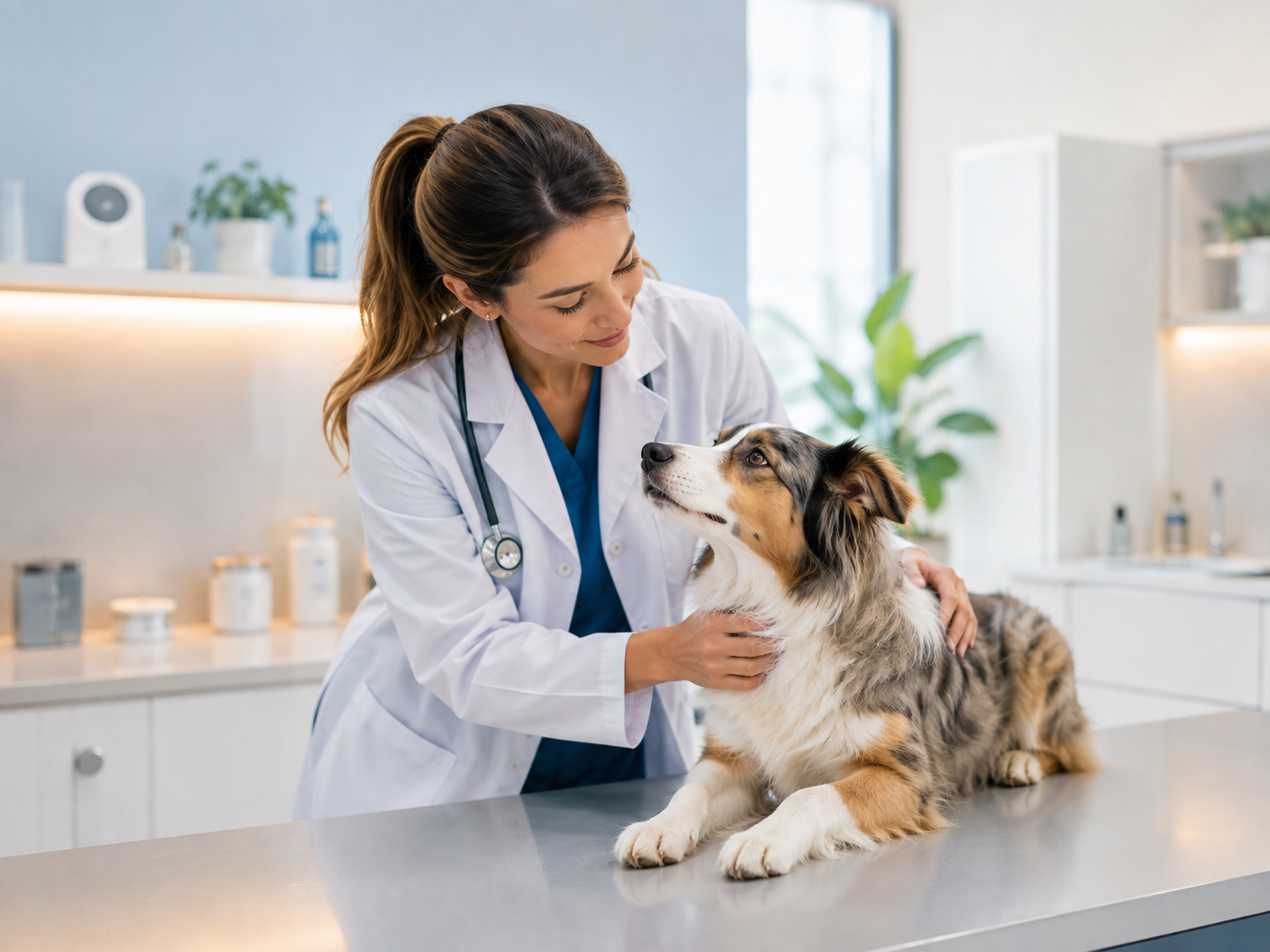 Veterinária realizando consulta preventiva em um cachorro